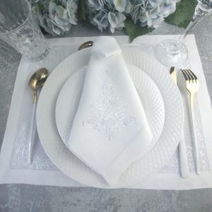 Embroidered White Linen Napkin and Placemat Set: Elegant Table Decor