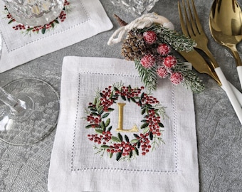 Embroidered Linen Christmas Coaster: Personalized Monogram Drink Coaster