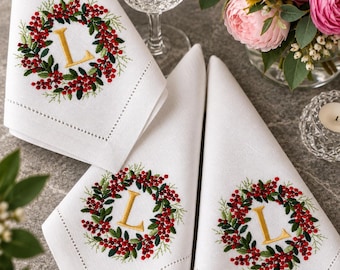 Embroidered Linen Napkin, Christmas Wreath Monogram Napkin