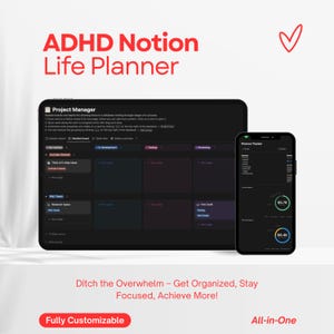 Könnte beinhalten: Ein Screenshot eines Notion-Arbeitsbereichs mit dunklem Hintergrund. Der Arbeitsbereich ist in zwei Abschnitte unterteilt. Der linke Abschnitt zeigt einen Projektmanager mit einem Kanban-Board. Der rechte Abschnitt zeigt einen Finanztracker mit einem Kreisdiagramm. Der Text "ADHD Notion Life Planner" wird oben im Bild angezeigt. Der Text "Ditch the Overwhelm - Get Organized, Stay Focused, Achieve More!" wird unterhalb des Arbeitsbereichs angezeigt. Der Text "Fully Customizable" wird in der linken unteren Ecke des Bildes angezeigt. Der Text "All-in-One" wird in der rechten unteren Ecke des Bildes angezeigt.