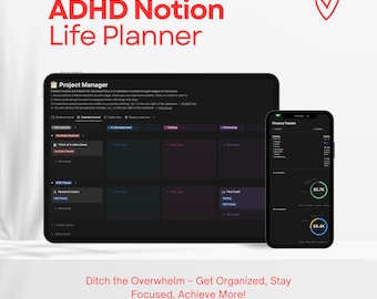 May include: A screenshot of a Notion workspace with a dark background. The workspace is divided into two sections. The left section shows a project manager with a Kanban board. The right section shows a finance tracker with a pie chart. The text "ADHD Notion Life Planner" is displayed at the top of the image. The text "Ditch the Overwhelm - Get Organised, Stay Focused, Achieve More!" is displayed below the workspace. The text "Fully Customizable" is displayed in the bottom left corner of the image. The text "All-in-One" is displayed in the bottom right corner of the image.