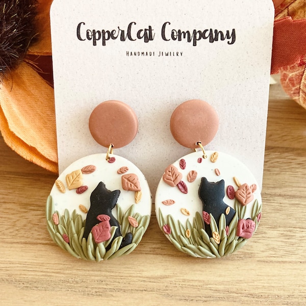 CLAY EARRINGS / CAT / Black Cat / Fall / Autumn / Handmade / Lightweight / Cat Lover Gift