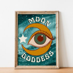 Turquoise Galaxy Moon Art Print Moon Goddess 8x10 image 1