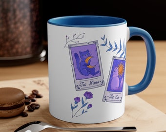 Coffee Mug | Boho | Witchy | Large | Ceramic | Dual Color | Moon | Retro | Hippie Vibe | Gift | Tarot Cats