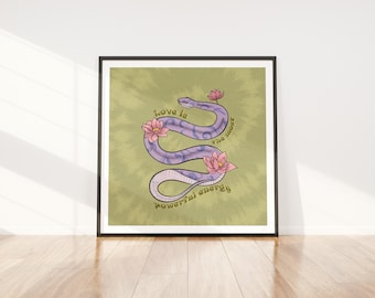 Digital Download | Snake Print | Vintage Art | Boho Decor | Spiritual artwork | Lotus print | Retro - Love is the most powerful