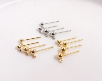 S925 Sterling Silver Ball Stud Earrings with Loop (1 Pair) | 14K/18K Light Gold Plated Earring Posts for DIY Jewelry Making