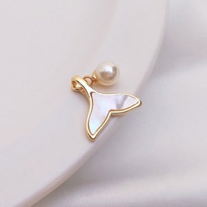Natural Shell Whale Tail Pendant (1 Pc) | 14K Gold Plated Iridescent Seashell Charm for DIY Necklace Jewelry | Mermaid Ocean Tail Charm