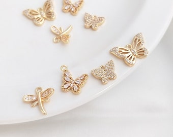 14K Gold Plated CZ Butterfly Dragonfly Charms (1Pc) | Dainty Insect Pendant for DIY Bracelet Necklace Earrings | Tarnish-Resistant Supplies