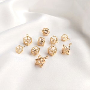 14K Gold Plated 3D Cube Crystal Pendant (1 Pc) | Cubic Zirconia Square Charm for DIY Earrings & Necklaces | Geometric Gold Jewelry Supplies