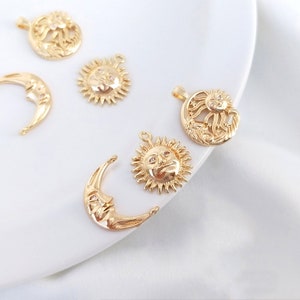 14K Gold Plated Sun & Moon Face Charm (1Pc) | Celestial CZ Pendant with Star Detail for DIY Jewelry Making | Tarnish-Resistant Gold Charm