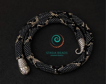 Hematite snake necklace, Beaded snake choker, Serpent lover gift