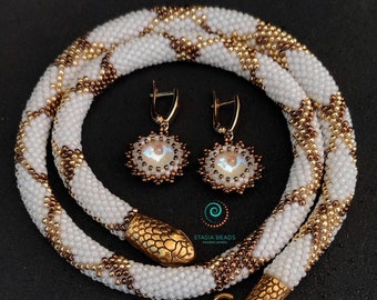 Weiße Schlange Halskette mit Perlen Ohrringe Geschenk Schlange-Liebhaber Geschenk Schlange-Besitzer