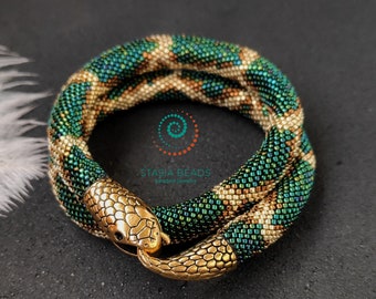 Emerald green snake necklace Green serpent necklace Green snake bracelet Beaded viper necklace Emerald green snake choker