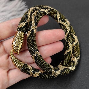 Olive Snake Necklace or Green Ouroboros Bracelet, Beaded Serpent Jewelry