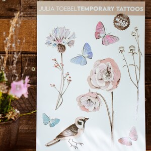 Hand drawn temporary tattoos “bird and flowers” adhesive tattoos