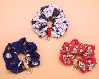 Lucky Cat Shiba Inu Scrunchie - Kawaii hair accessory with bell and blossom charm, Cute hair style, Back to school, Good luck gifts for her