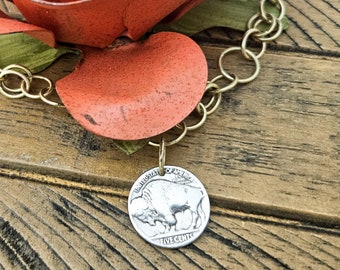 Brass Buffalo Nickel Chain Link Bracelet, Indian Head Nickel, Southwestern Boho Style, Coin Jewelry, Women's Handcrafted Soldered Chain