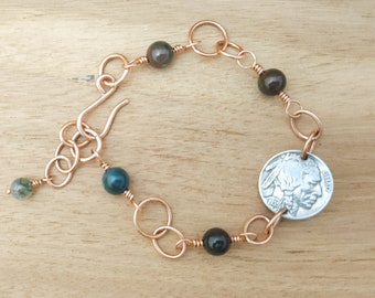 Copper and Gemstone Buffalo Nickel Chain Link Bracelet, Two-Sided Indian Head Nickel Bracelet, Indian Agate Coin Jewelry, Women's Bracelet