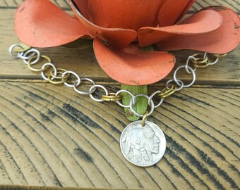 Sterling Silver & Brass Buffalo Nickel Chain Link Bracelet, Indian Head Nickel, Western Boho, Coin Jewelry, Women's Soldered Chain Bracelet