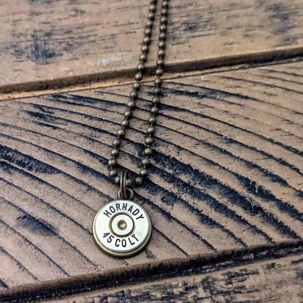 45 Colt Bullet Necklace, Men's Ammo Pendant, Spent Shell Necklace, Bullet Jewelry, Antique Bronze 45 Caliber, Unique Gift, Unisex