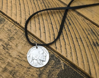 Colgante de níquel de búfalo: collar con cordón de piel de ciervo