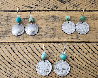 Real Turquoise Indian Buffalo Nickel  Earrings, Western Earrings, Bridesmaids Gift, Hypoallergenic Ear Wires, Boho Coin Earring