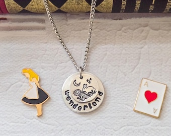 Alice in Wonderland Pendant Necklace: Hand Stamped White Rabbit, Teapot, & the Queen of Hearts