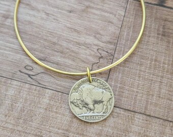 Buffalo Nickel Brass Bangle: Western Indian Coin Bracelet