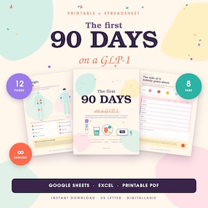 May include: A digital planner titled The first 90 DAYS on a GLP-1 featuring 12 printable pages and 8 spreadsheet tabs. The design includes pastel shapes, icons of a medication pen, a glass of water, food, and a scale, with Google Sheets, Excel, and PDF options.