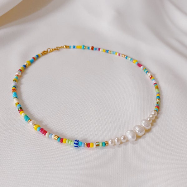 Colorful Pearl and Seed Bead Necklace, Rainbow Bead and Pearl Necklace, Half Pearl Necklace Bead, Pearl Choker with Assorted Beads