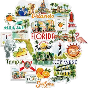 Adesivos de viagem retrô do estado da Flórida com peônia azul marinho (31 peças) - aquarela, com tema dos EUA, adesivos de férias na América para álbuns de recortes, diários, malas