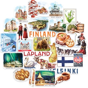 Stickers de voyage Finlande arctique pivoine bleu marine (28 pièces) - Aquarelle, Scandinavie, stickers de vacances sur le thème de la Finlande pour journaux, albums, bagages