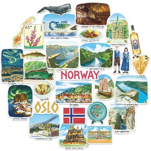 Pegatinas de viaje de Noruega nórdica con peonía azul marino (28 unidades): acuarela, Escandinavia, calcomanías vacacionales con temática noruega para álbumes de recortes y botellas de agua.