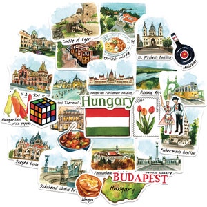 以下が含まれることがあります： ハンガリーのランドマーク、食べ物、文化をカラフルに描いたイラスト。イラストには、ハンガリー国会議事堂、ドナウ川、セゲドシナゴーグ、セーチェーニ鎖橋、漁師の砦などが描かれている。イラストには、ランゴス、パプリカ、ワックスペッパーなど、ハンガリーの食べ物の画像も含まれている。