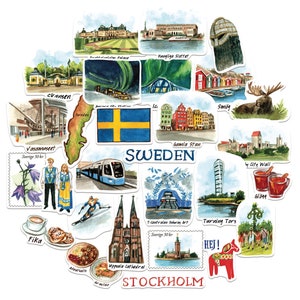 Marineblauwe pioenrozen Stijlvolle Zweden-reisstickers (28 stuks)-aquarel, Scandinavië, vakantiestickers met Zweeds thema voor tijdschriften, plakboeken, beker