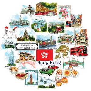 Pegatina de viaje Cosmopolitan de Hong Kong con diseño de peonía azul marino (28 unidades) - Acuarela, calcomanía vacacional con temática de Hong Kong para diario, álbum de recortes, equipaje y vaso