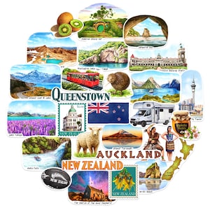 Navy Peony Tranquil New Zealand Travel Stickers (28 stuks) - aquarel, Auckland, New Zealander stickers voor tijdschriften, plakboeken, bagage