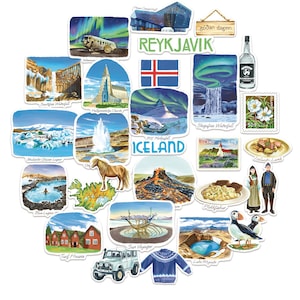 Marineblauwe pioenroos IJsland reissticker (28 stuks) - aquarel, Scandinavië, IJslands thema vakantie sticker voor dagboek, plakboek, bagage, laptop