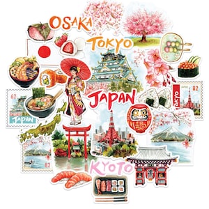 Marineblauwe pioenroos Imperial Japan reisstickers (25 stuks) - aquarel, waterdicht, landthema |  Schilderachtige stickers voor tijdschriften en plakboeken