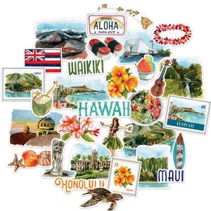 Navy Peony Exotic Hawaii State Travel Stickers (31 pcs) - Watercolor, USA-Themed, Waterproof | Vacation Stickers for Scrapbooking, Suitcase