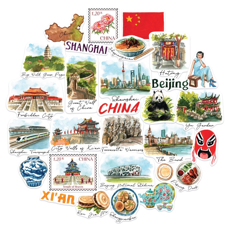 May include: A colorful illustration of various landmarks and cultural icons from China. The image includes the Great Wall of China, the Forbidden City, the Terracotta Warriors, the Temple of Heaven, the Bird's Nest Stadium, and the Yu Garden. The image also includes stamps with the text "China" and "Shanghai".