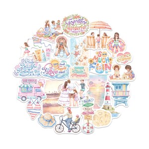 Navy Peony Beach Memories Statement Stickers - Large Waterproof Glossy Travel Decal, Hand-Illustrated - Luggage, Laptop, Water Bottle(28pcs)