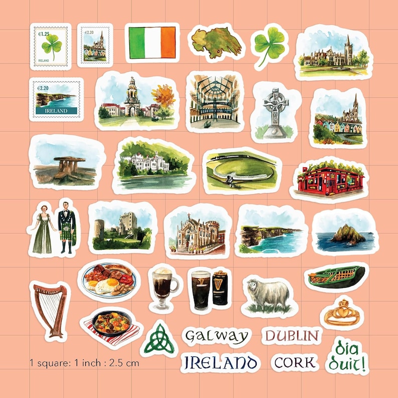 Navy Peony Emerald Ireland Travel Stickers (34pcs) - Watercolor ...