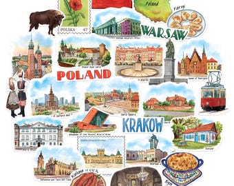 Puede incluir: Una colección de pegatinas coloridas con ilustraciones de monumentos, comida y cultura polacos. Las pegatinas incluyen imágenes de Varsovia, Cracovia, la bandera polaca, pierogi y un atuendo tradicional polaco.