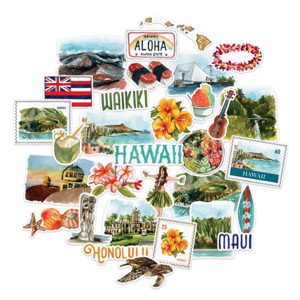 Navy Peony Exotic Hawaii State Travel Stickers (31 pcs) - Watercolor, USA-Themed, Waterproof | Vacation Stickers for Scrapbooking, Suitcase