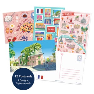 Navy Peony Paris Travel Postcards 4"x6", 12 Pcs, 4 Designs - Paris Map Postcard, Postal Stamp-Themed, Artist-Illustrated for Postcrossing