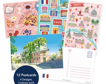 Cartes postales de voyage pivoine bleu marine 4 x 6 pouces, 12 pièces, 4 modèles - Carte postale plan de Paris, sur le thème des timbres postaux, illustrée par l'artiste