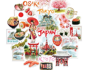 Navy Peony Imperial Japan Travel Stickers (25 Pieces) - Watercolor, Waterproof, Country Themed |  Scenic Stickers for Journals, Scrapbooks