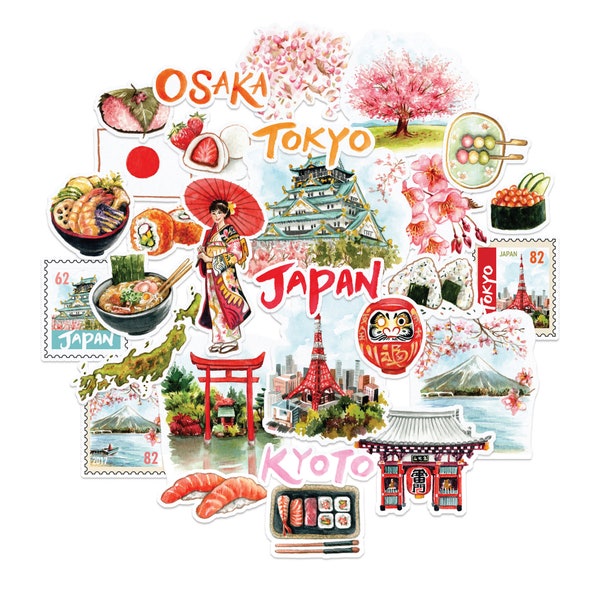 Autocollants de voyage Japon impérial pivoine bleu marine (25 pièces) - Aquarelle, imperméable, thème pays | Stickers scéniques pour journaux, albums de coupures