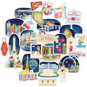 Navy Peony Glitzy Las Vegas Reiseaufkleber (28 Stück) - Gouache Stil, wasserfest, USA Urlaubsaufkleber für Scrapbooking, Journale, Koffer
